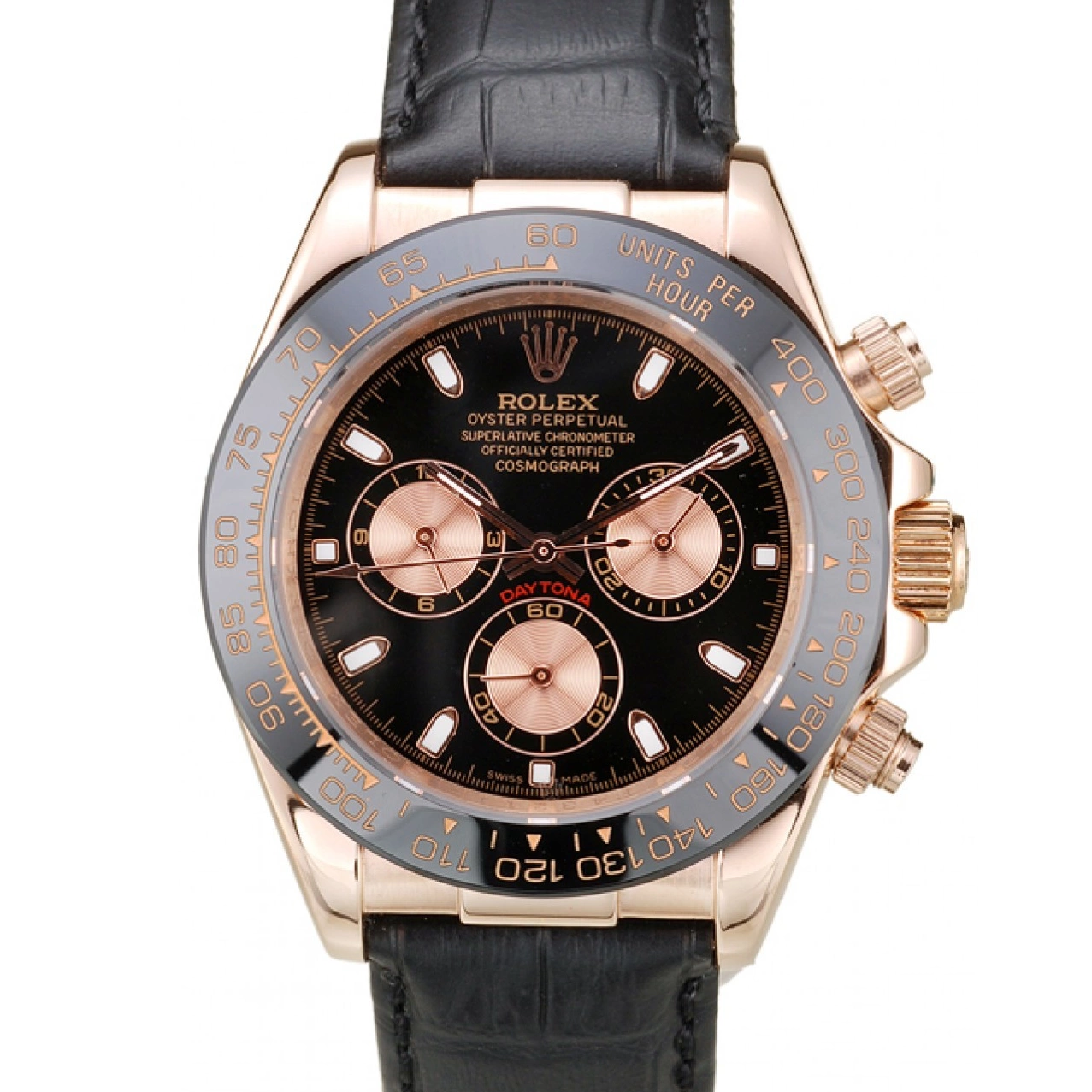 Aaa replica Gold Rose Rolex Black Leather Black Case Daytona Dial Strap 0706